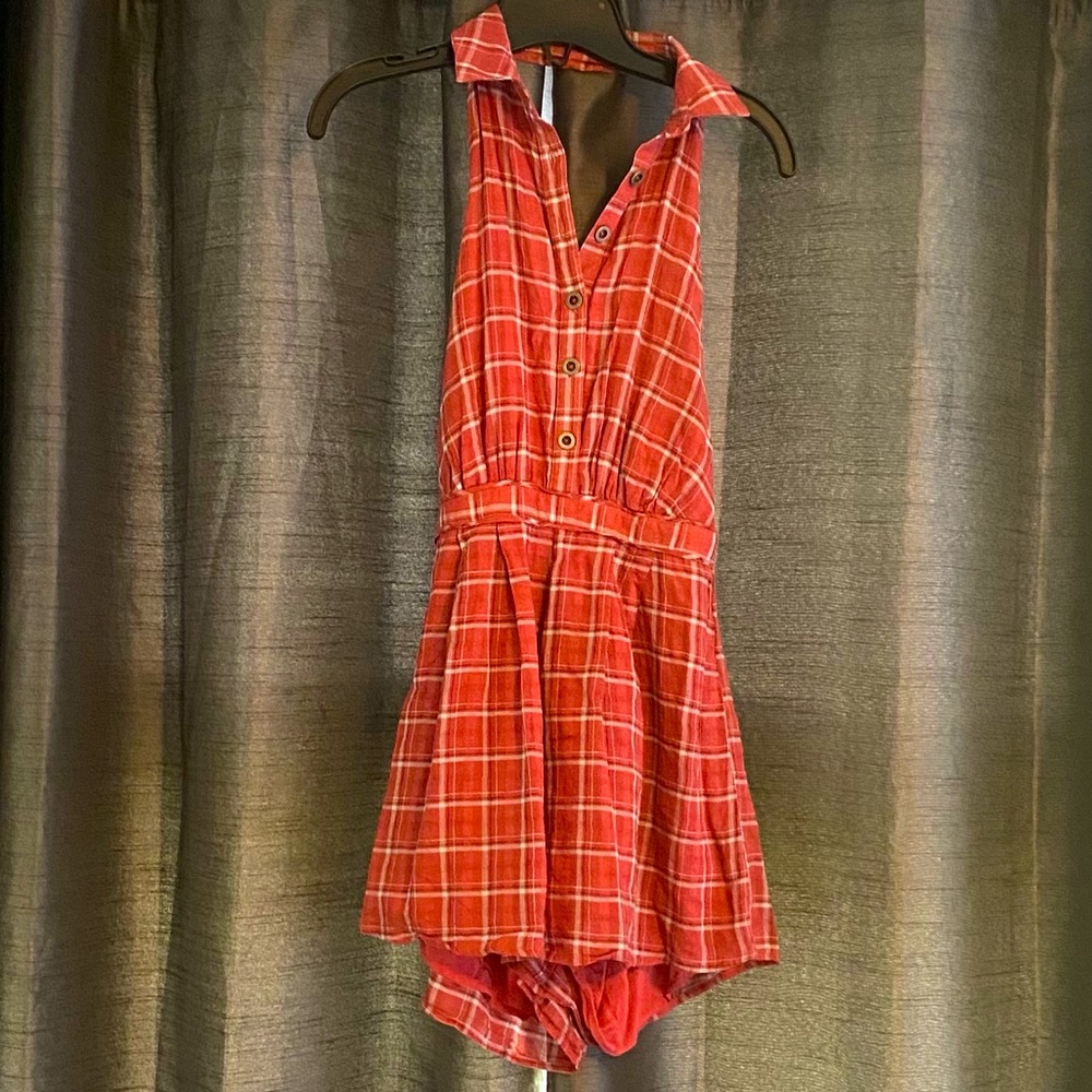 UO Collared button-up plaid romper